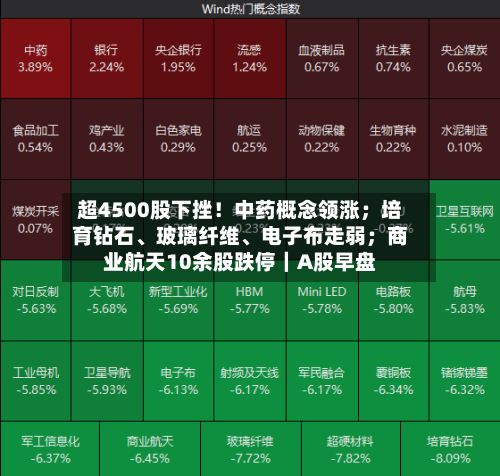 超4500股下挫！中药概念领涨；培育钻石、玻璃纤维、电子布走弱；商业航天10余股跌停｜A股早盘